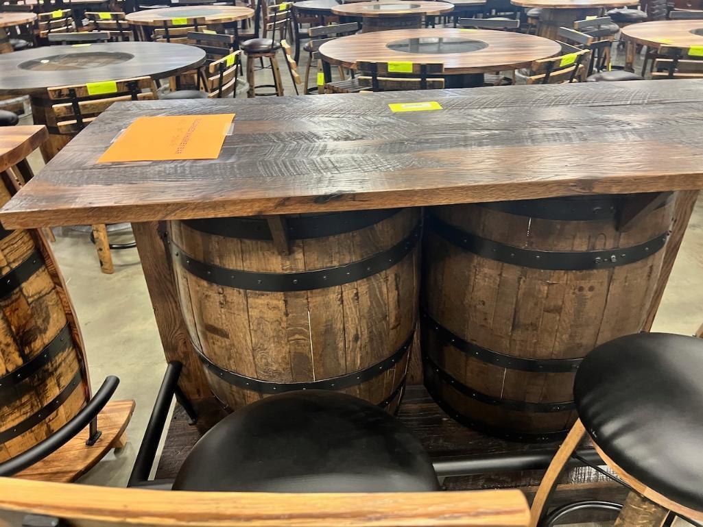 RECLAIMED WHISKEY BARREL BAR W 2 BAR CHAIRS 60X25X44 IN