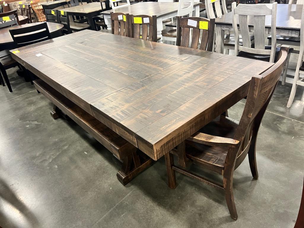 BROWN MAPLE ROUGH SAWN DAWSON CREEK PEDESTAL DINING TABLE W 3 SIDE CHAIRS, 1 ARM CHAIR, 1 BENCH,