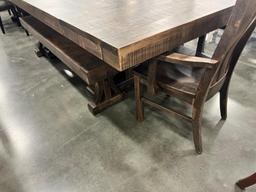 BROWN MAPLE ROUGH SAWN DAWSON CREEK PEDESTAL DINING TABLE W 3 SIDE CHAIRS, 1 ARM CHAIR, 1 BENCH,