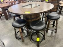 JACK DANIELS BARREL PUB TABLE W 6 BAR STOOLS, 56 IN ROUND