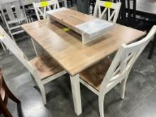 BROWN MAPLE DINING TABLE W 4 SIDE CHAIRS, 2 LEAVES COUNTRY WHITE 36X48 IN