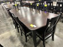 WALNUT AND MAPLE DINING TABLE W 8 SIDE CHAIRS, 4 LEAVES COCOA AND ONYX 44X60 IN