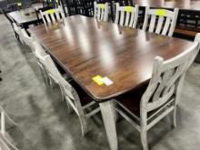 CHERRY AND OAK DINING TABLE W 8 SIDE CHAIRS, 4 LEAVES EARTHTONE/GREY 44X60 IN