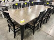ELM AND MAPLE DINING TABLE W 8 SIDE CHAIRS, 4 LEAVES, GREY/ONYX 44X60 IN