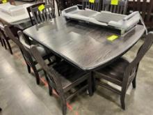 OAK DINING TABLE W 6 SIDE CHAIRS, 2 LEAVES IN GUNSMOKE 42X60 IN