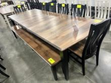 BROWN MAPLE DINING TABLE W 6 SIDE CHAIRS, 1 BENCH, 4 LEAVES 66X44 IN