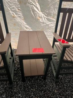 GREEN/CREAM POLY ROCKER SET OF 3; 1 END TABLE, 2 CHAIRS