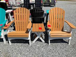 WHITE/BROWN POLY ADIRONDACK CHAIR SET OF 3; 1 END TABLE, 2 CHAIRS