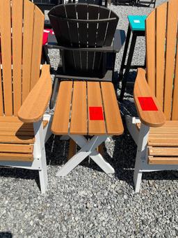 WHITE/BROWN POLY ADIRONDACK CHAIR SET OF 3; 1 END TABLE, 2 CHAIRS