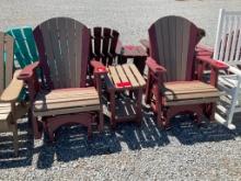 TAN/MAROON POLY GLIDER SET OF 3; 1 END TABLE, 2 CHAIRS