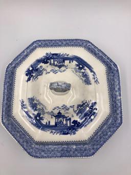 Blue Transfer Davenport China Serving Dish with Lid