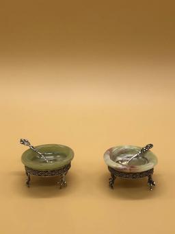 Jade/Silver salt Bowls. Set of 2.