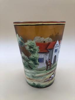 Slovakia Amber Glass with Painted Hunt Scene