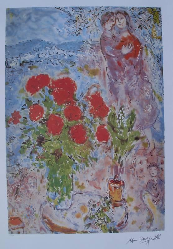 Marc Chagall "RED BOUQUET WITH LOVERS" Ltd. Ed. Litho. Facsimile Sig. Pencil #
