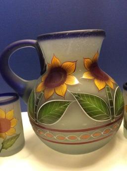 Hand Painted Frosted Glass Sunflowers Beverage Set