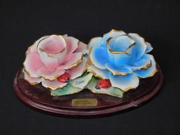 Capodimonte Porcelain Flowers On Wood Base