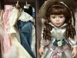 WOOD DOLL CASE WITH CONTENTS