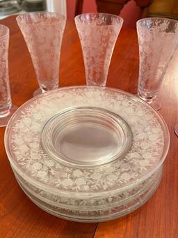 GLASS ROSE DESIGN, 7 PCS WATER GLASSES AND SEVEN DESSERT PLATES