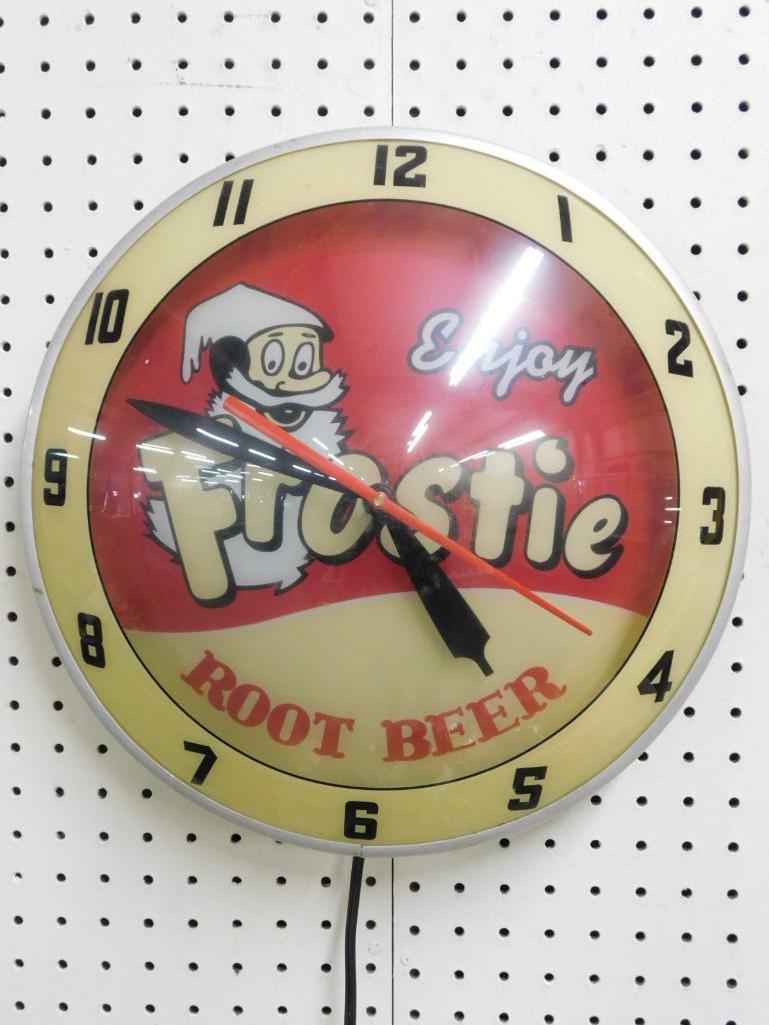 Enjoy Frostie Root Beer Advertising Light Up Electric Wall Clock Bubble Face