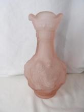 IMPERIAL LENOX FROSTED PINK VASE WITH GRAPE AND LEAF DESIGN. APPROX 10" H
