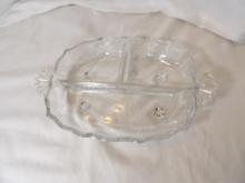 VINTAGE FOSTORIA BAROQUE DIVIDED SERVING TRAY. TRAY HAS HANDLES AND IS FOOTED. APPROX 12" L
