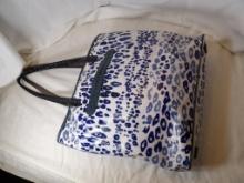 BRIGHTON BAG WITH WATERPROOF OUTSIDE IN BLUE CHEETAH PATTERN. APPROX 15 X 13X 4"