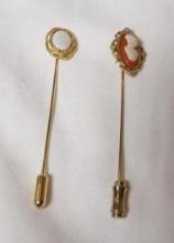 LOT OF (2) VINTAGE STICK PINS IN GOLD TONE SETTING INCLUDING ONE CAMEO AND ONE OPAL.