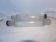 LOT OF (2) VINTAGE GLASS ROLLING PINS. POSSIBLY SOLD AS A FLOUR CANNISTERS ORIGINALLY. APPROX 14" L