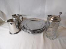 LOT OF PEWTER ITEMS INCLUDING TANKARDS AND PLATES. (4) WILTON DINNER PLATES AND (1) WILTON SALAD