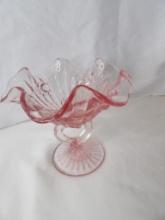 VINTAGE FENTON PINK GLASS CABBAGE ROSE COMPOTE. APPROX 6" DIAMETER AND 6" H