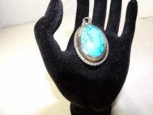VINTAGE STERLING TWO SIDED PENDANT WITH VIBRANT BLUE TURQUOISE ON ONE SIDE AND ONYX ON THE OTHER
