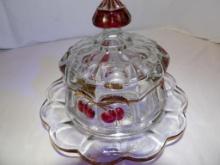 EARLY AMERICAN PRESSED GLASS NORTHWOOD MOSSER CHERRY AND CABLE BUTTER DISH WITH HANDLED CLOCHE.
