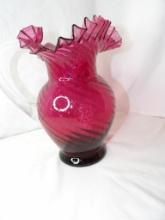 LARGE FENTON CRANBERRY SWIRL GLASS RUFFLED EDGE PITCHER. A SHOWSTOPPING PIECE! APPROX 10" H