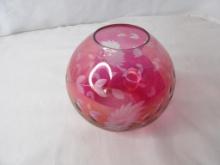 VINTAGE CRANBERRY FLASH CUT TO CLEAR FLORAL BOWL VASE. APPROX 4" H