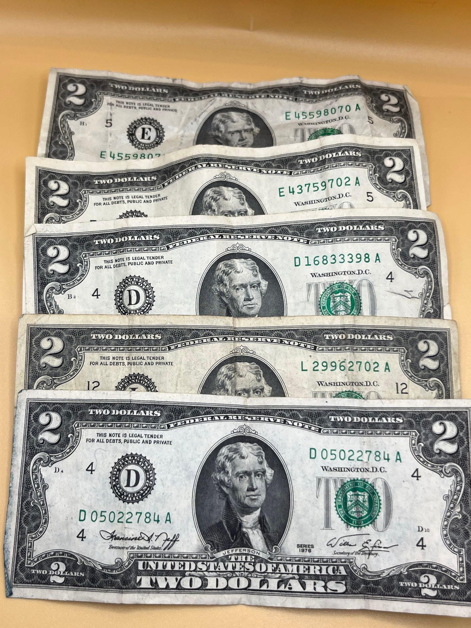 Two Dollar Bills, 1976 Series, (5 Total)