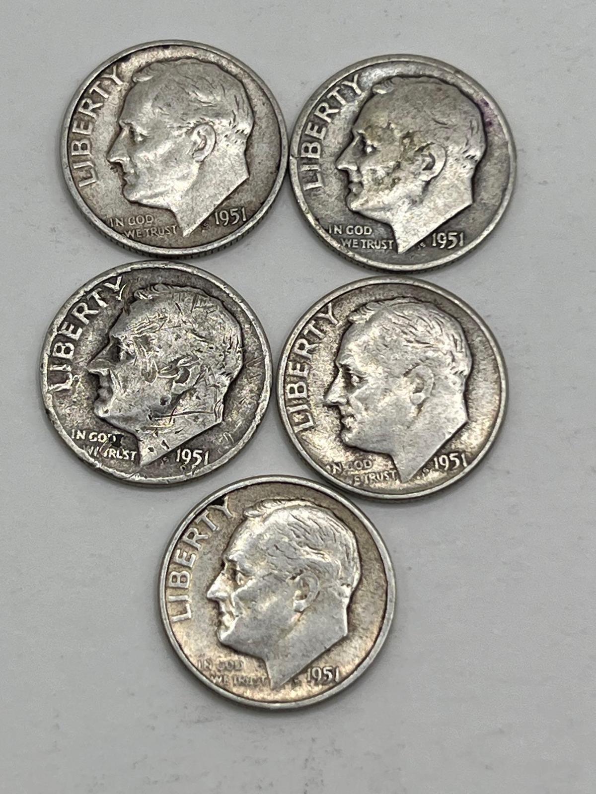 Dimes, 2-1951 D, 3-1951, (5 Totals)