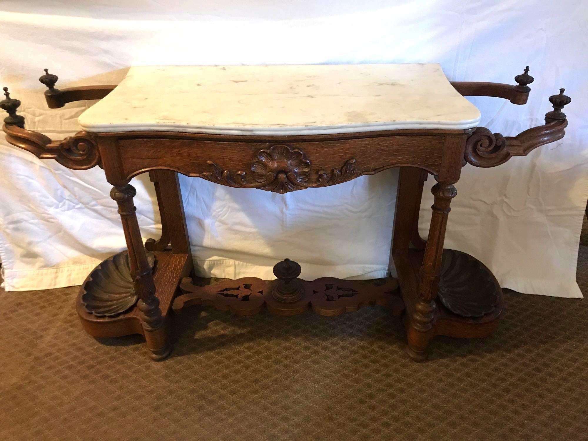 Antique Oak Marble top Foyer Table