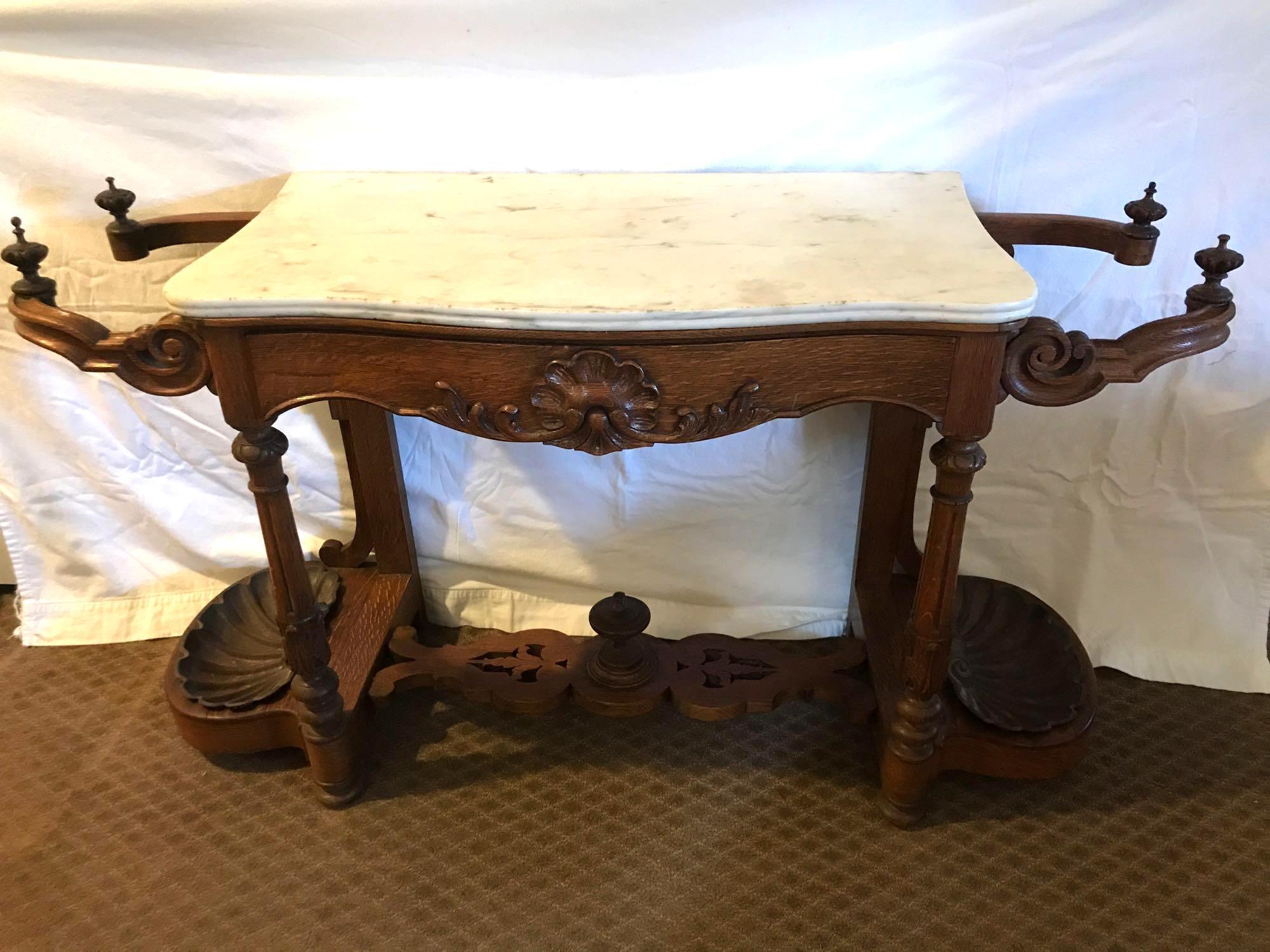 Antique Oak Marble top Foyer Table