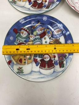 2 Snowman Plates and Floral Decorated Bowl