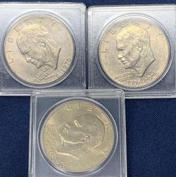 Three Eisenhower Dollar Coins, Bicentennial, 1976