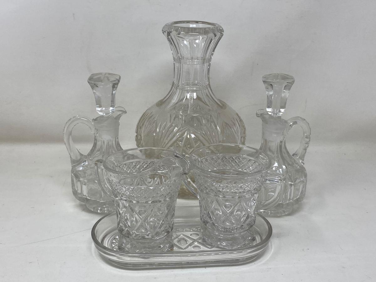 Lead Glass Decanter, Vinegar Cruets, Creamer and Sugar Set