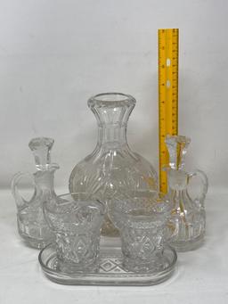 Lead Glass Decanter, Vinegar Cruets, Creamer and Sugar Set