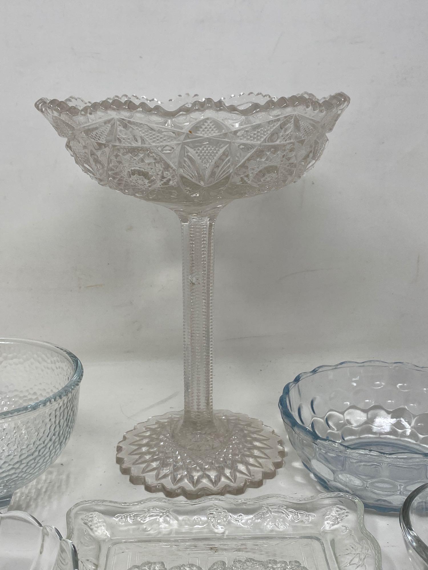 Assorted Glass Items, Stemmed Compote, and more