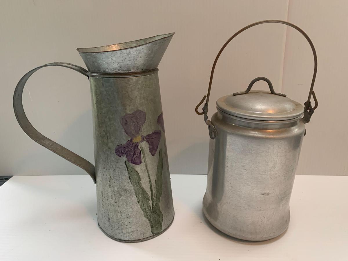 Metal Pitcher with Iris Decoration and Metal Milk Pail