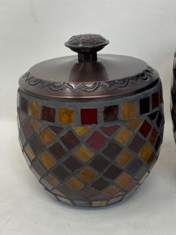 Pair of Leaded Glass Canisters with Metal Lids