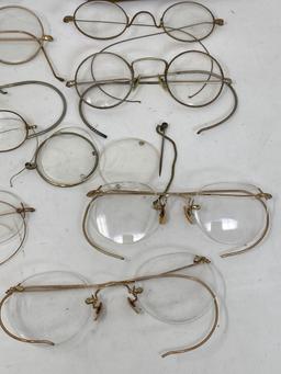 10 Pairs of Antique Vintage Eye Glasses and 2 Cases