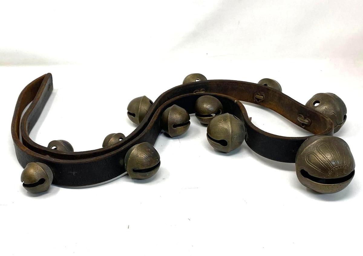 Cast Brass Graduated Sleigh Bells on Leather Strap