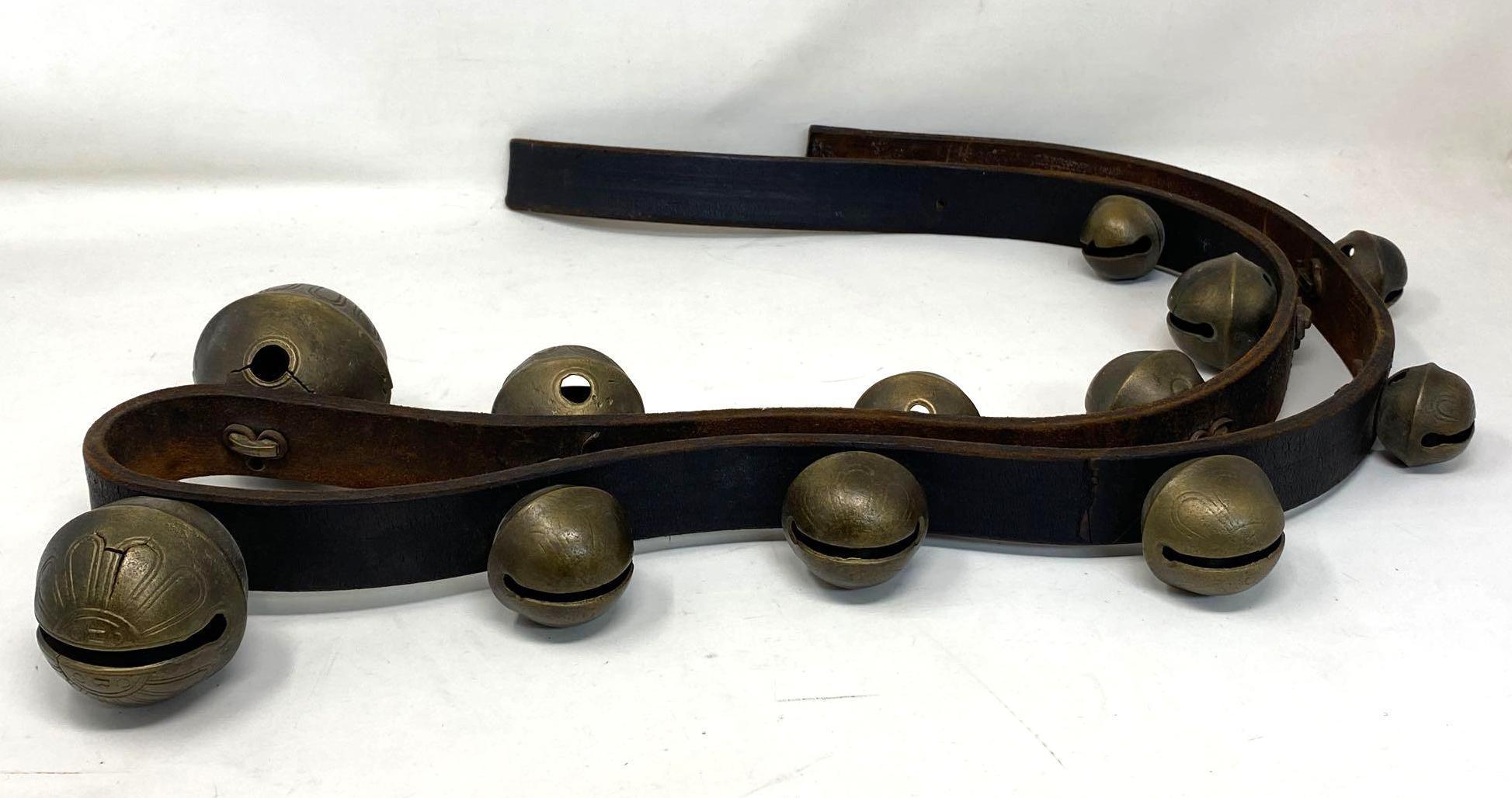 Cast Brass Graduated Sleigh Bells on Leather Strap