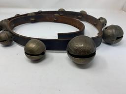 Cast Brass Graduated Sleigh Bells on Leather Strap