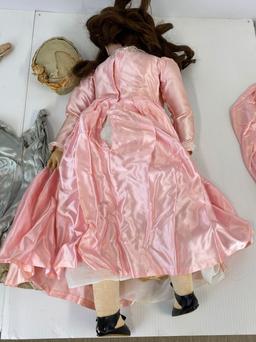 Porcelain Head Doll in Pink Satin Dress with Additional Outfit